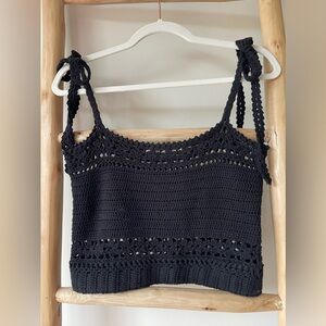ASTR the Label Black Boho Crochet Knit Crop Top with Tie Straps Comfort Band S
